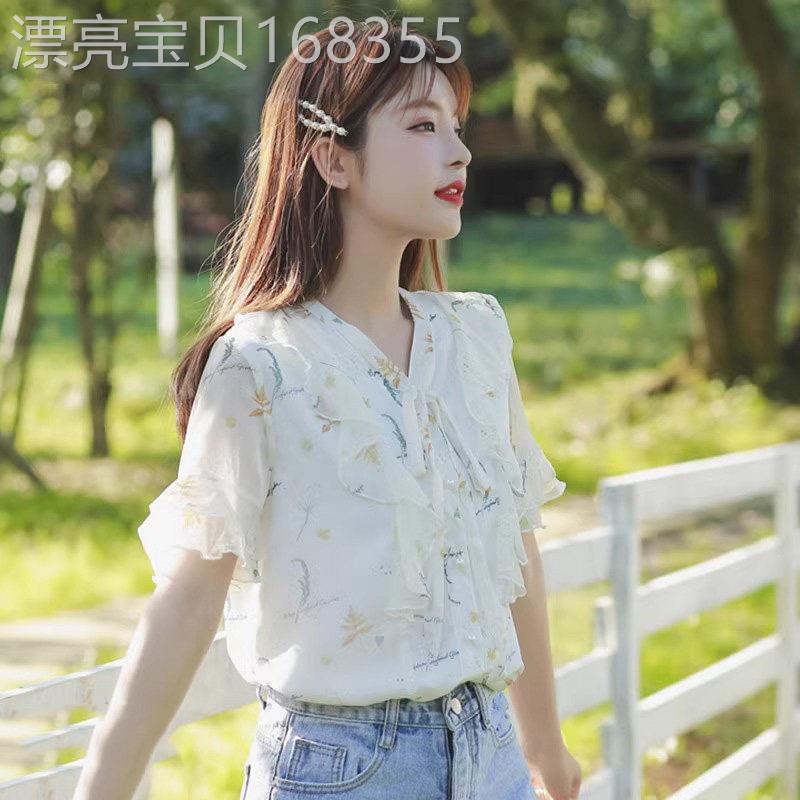 雪纺衬衫女2026新款短袖t恤夏季薄款洋气设计感小众碎花小衫上衣