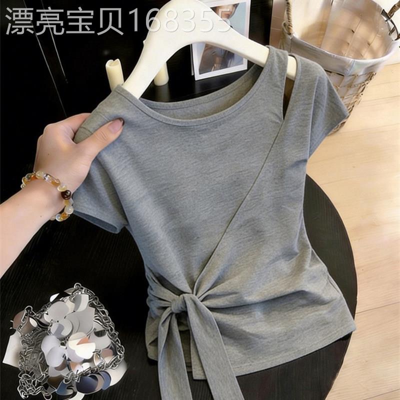 潮牌大尺码胖MM韩系绑带不规则短袖T恤女夏季收腰小众设计显瘦上