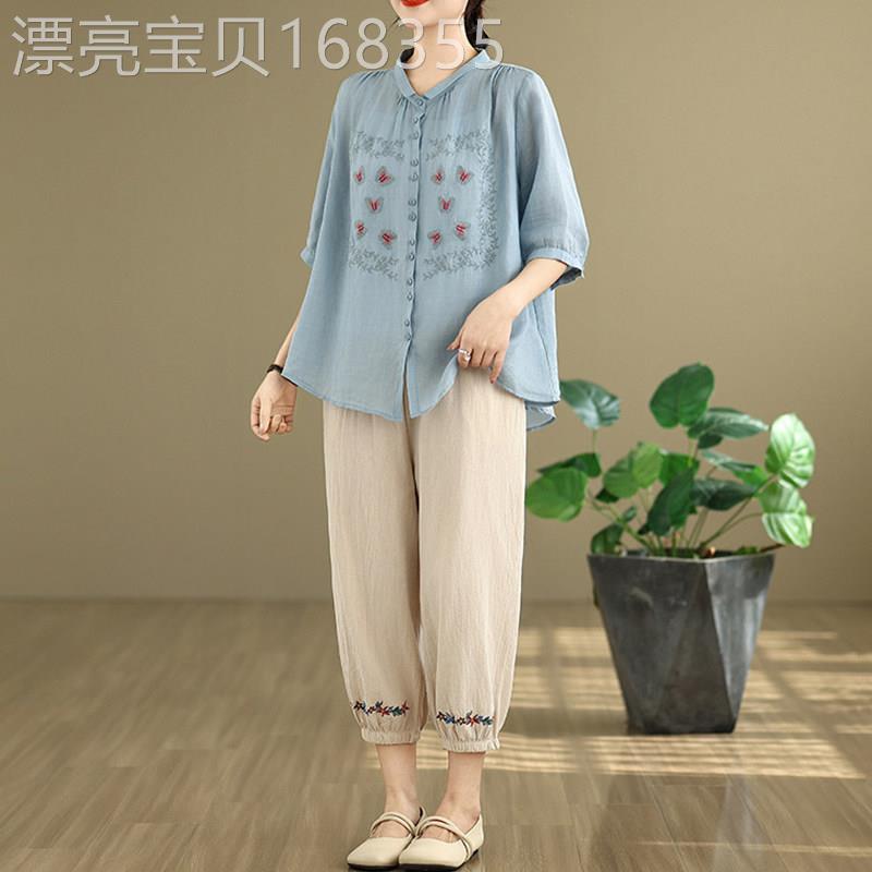 潮牌中老年人妈妈夏装套装2026女文艺复古洋气棉麻短袖衬衫两件套