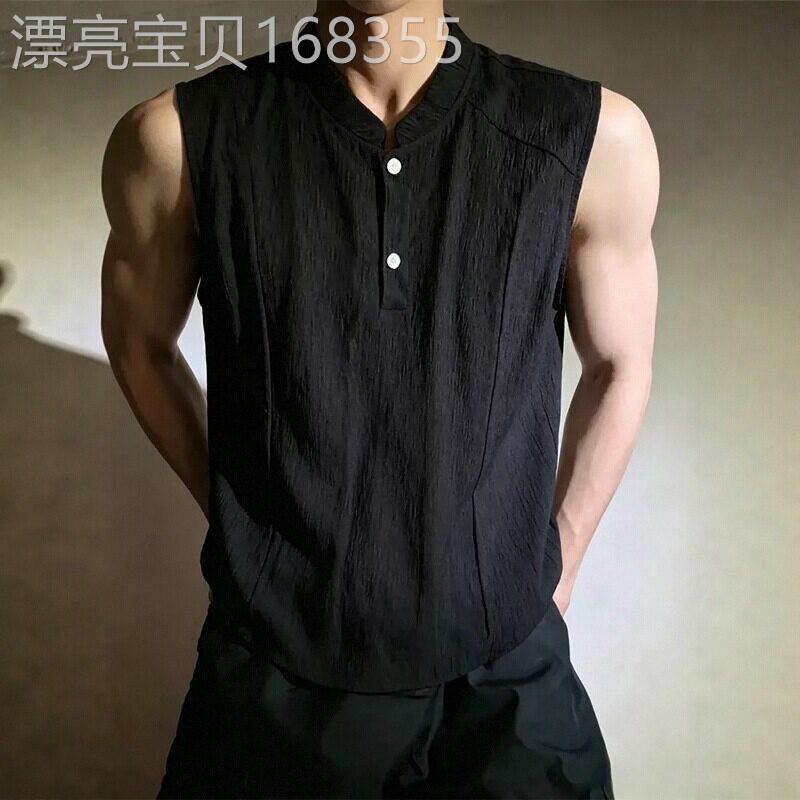 潮牌帅气时尚老钱风无袖背心T恤男夏季宽松舒适百搭运动上衣体恤