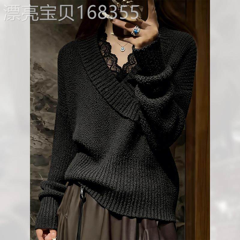 深灰色拼接蕾丝针织衫女春季2026年新款绝美漂亮毛衣休闲时尚长袖