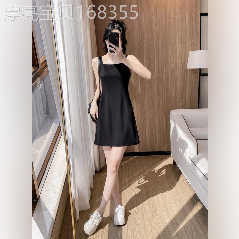 潮牌极简风吊带连衣裙女夏季短款收腰A字裙显瘦高级感西装小黑裙图片