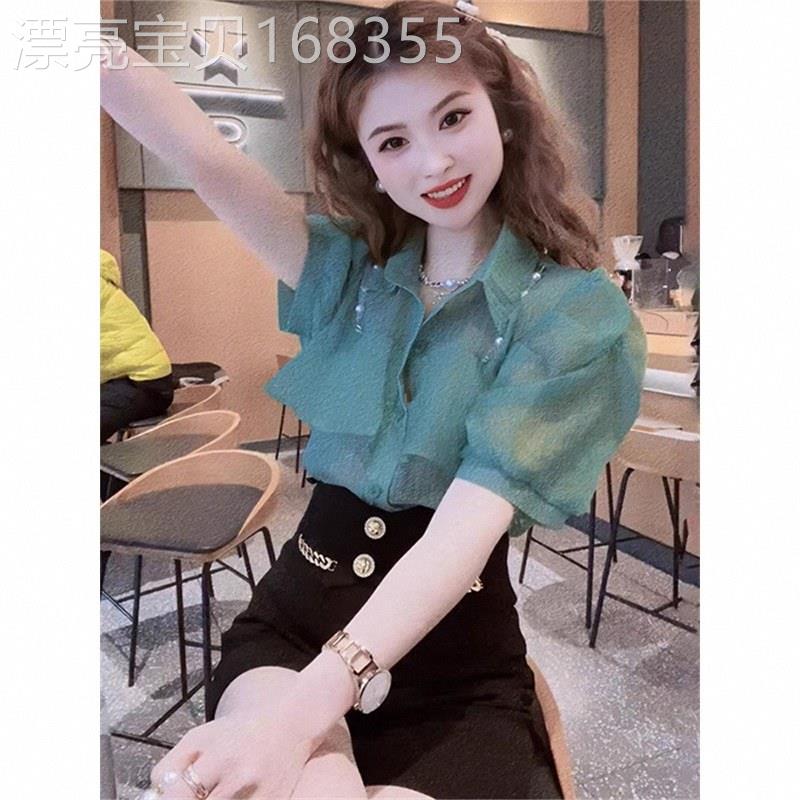 Polo领泡泡袖雪纺衬衫女短袖夏季欧货爆款新款时尚减龄荷叶边上衣