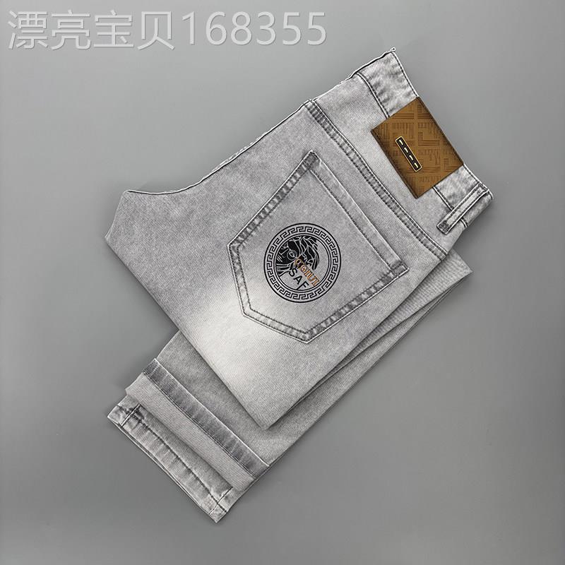 高端欧货轻奢灰色牛仔裤男夏季薄款刺绣弹力修身小脚印花休闲裤子