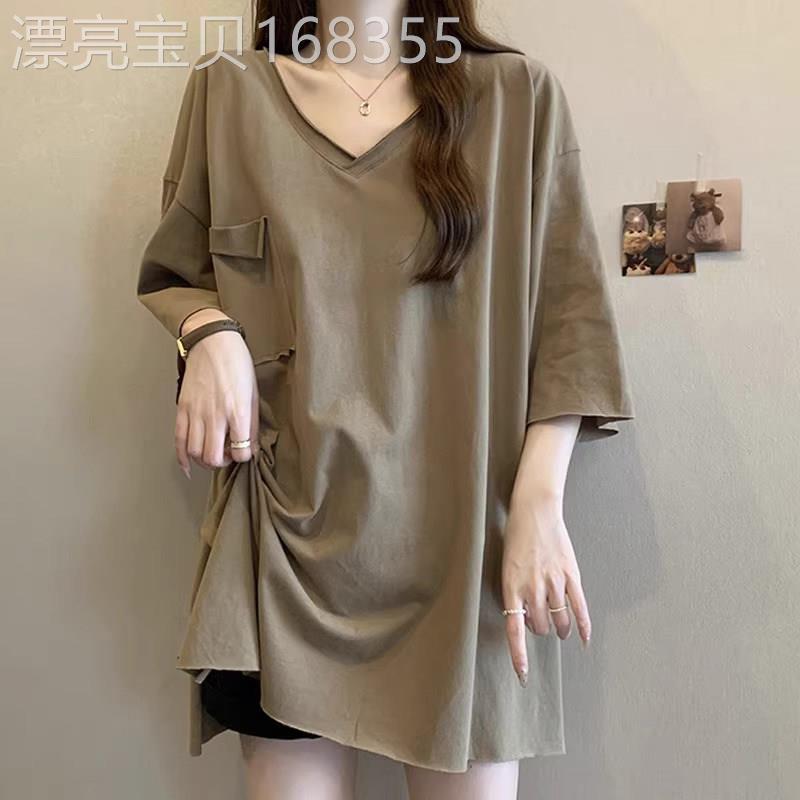 纯棉短袖t恤女夏季薄款2025新款宽松显瘦中长款大版半袖体恤上衣