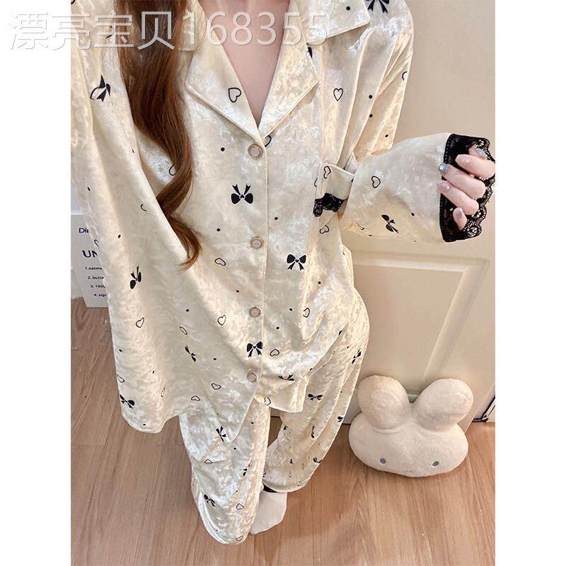 蕾丝袖口金丝绒睡衣女2026新款秋冬蝴蝶结长袖开衫大码家居服套装