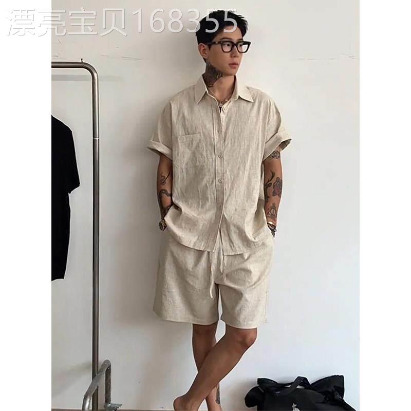 潮牌简约老钱风短袖棉麻衬衫套装男士夏季薄款透气亚麻短裤两件套