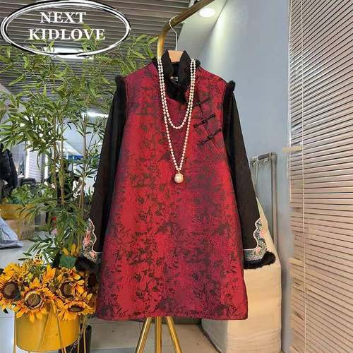 香港冬装国风盘扣红色中长款马甲裙打底衫两件套女大码过年拜年服