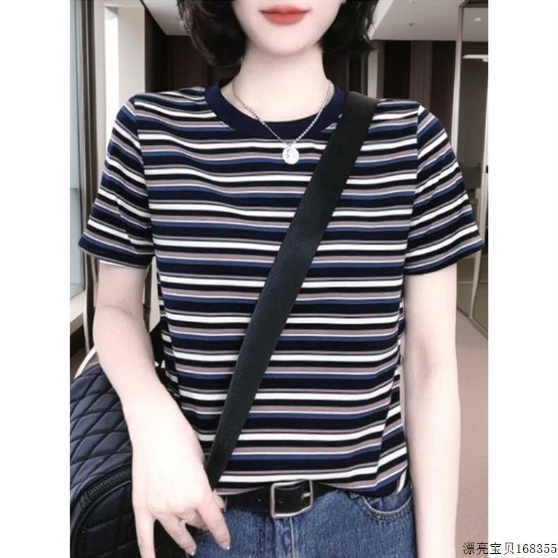 潮牌正肩条纹短袖t恤女新款夏季纯棉上衣宽松休闲时尚气质体恤衫