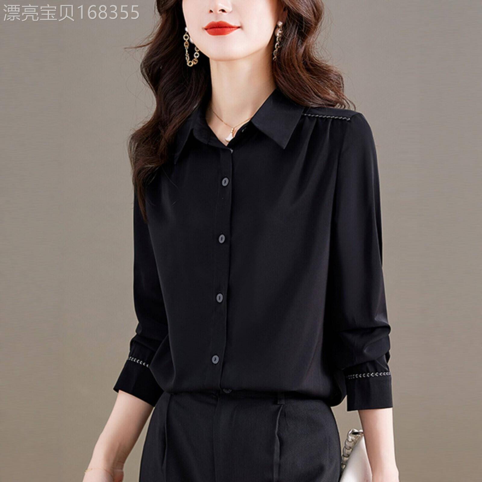 韩版重磅真丝衬衫女士长袖衬衫2026春季新款高级感黑色桑蚕丝上衣