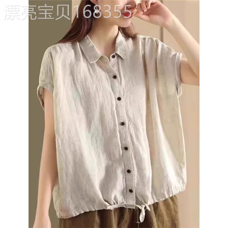 休闲翻领短袖衬衫女夏季新款复古百搭文艺大码宽松POLO领衬衣上衣