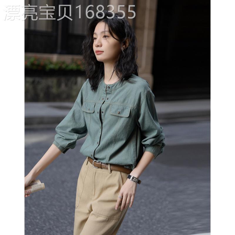 时尚复古圆领2026春季新款云感棉衬衫简约修身通勤牛仔衬衫女上衣