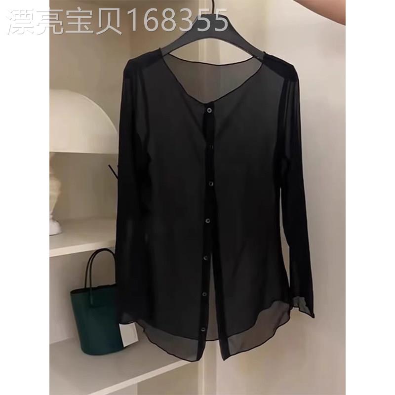 黑色通勤薄纱衬衫女夏季欧货长袖宽松防晒开衫显瘦百搭设计感上衣