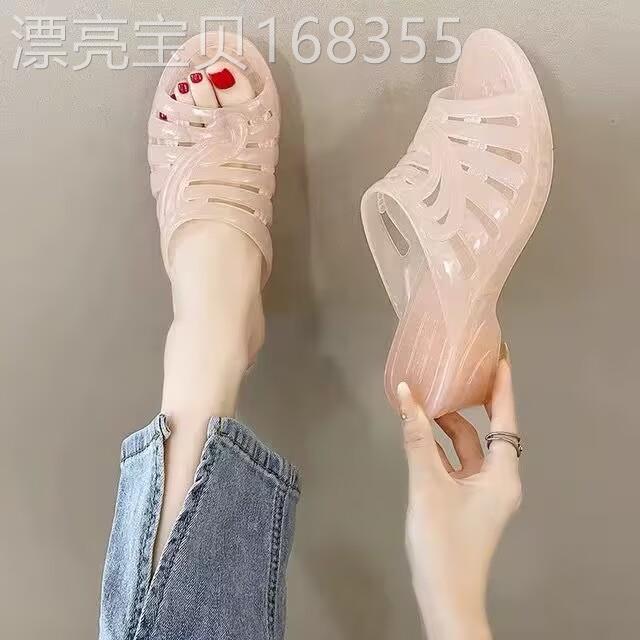 潮牌防滑柔软不脚臭水晶拖鞋女塑料中跟外穿凉拖鞋妈妈居家浴室鞋