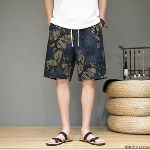 寬松大碼 潮牌日系復古亞麻5分短褲 男夏季 韓系棉麻五分中褲 沙灘褲
