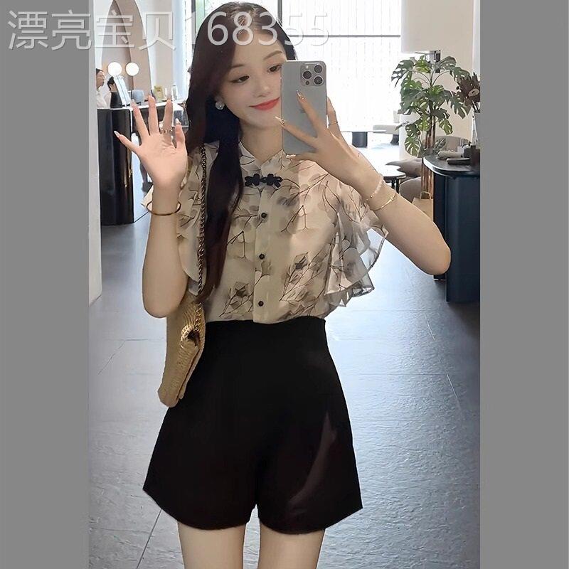 轻奢夏装搭配一整套国风中国结设计感水墨画小飞飞袖衬衣高腰短裤