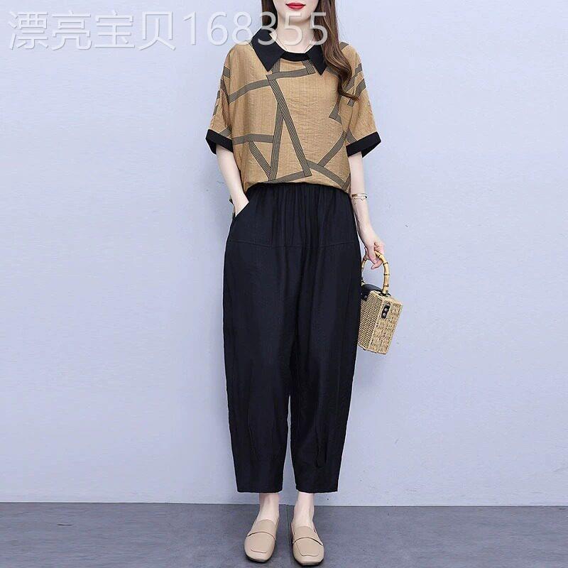 休闲时尚棉麻套装大码女装新款花色短袖T恤宽松哈伦裤子两件套女