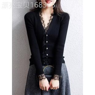 蕾丝针织开衫女春秋2025新款时尚洋派内搭修身V领长袖内搭衣上衣