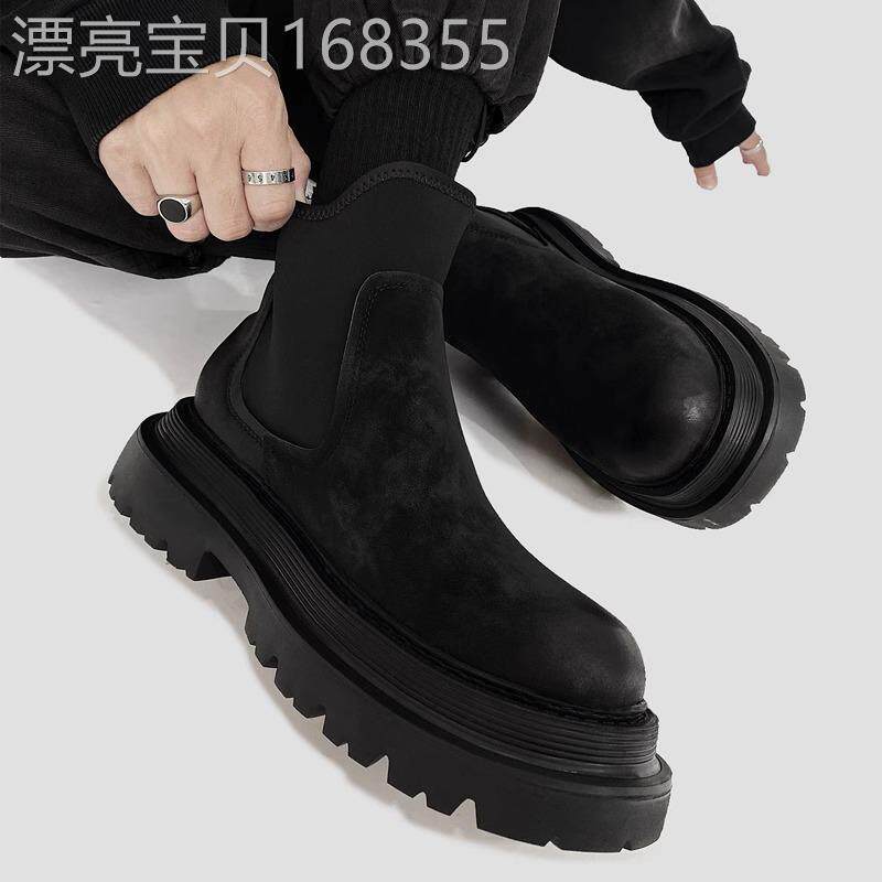【高品质】切尔西马丁靴男高帮皮鞋黑色厚底复古风加绒烟筒短靴潮
