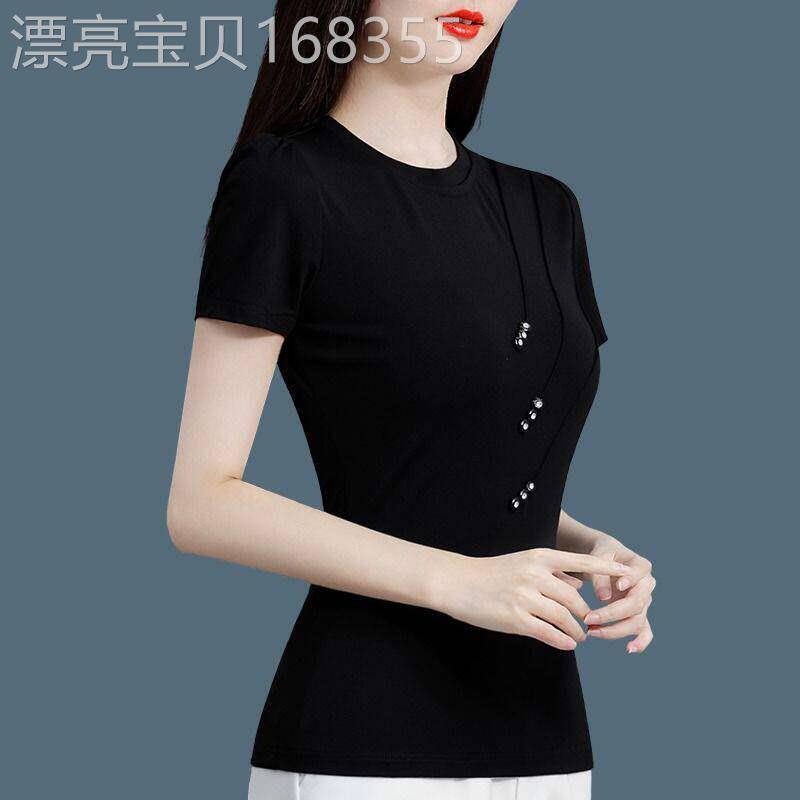 黑色薄款冰丝短袖t恤女2026年夏季新款圆领时尚上衣洋派打底小衫