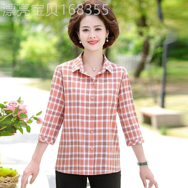 中老年妈妈装2026夏季新款七分袖格子衬衫女宽减龄显瘦薄上衣