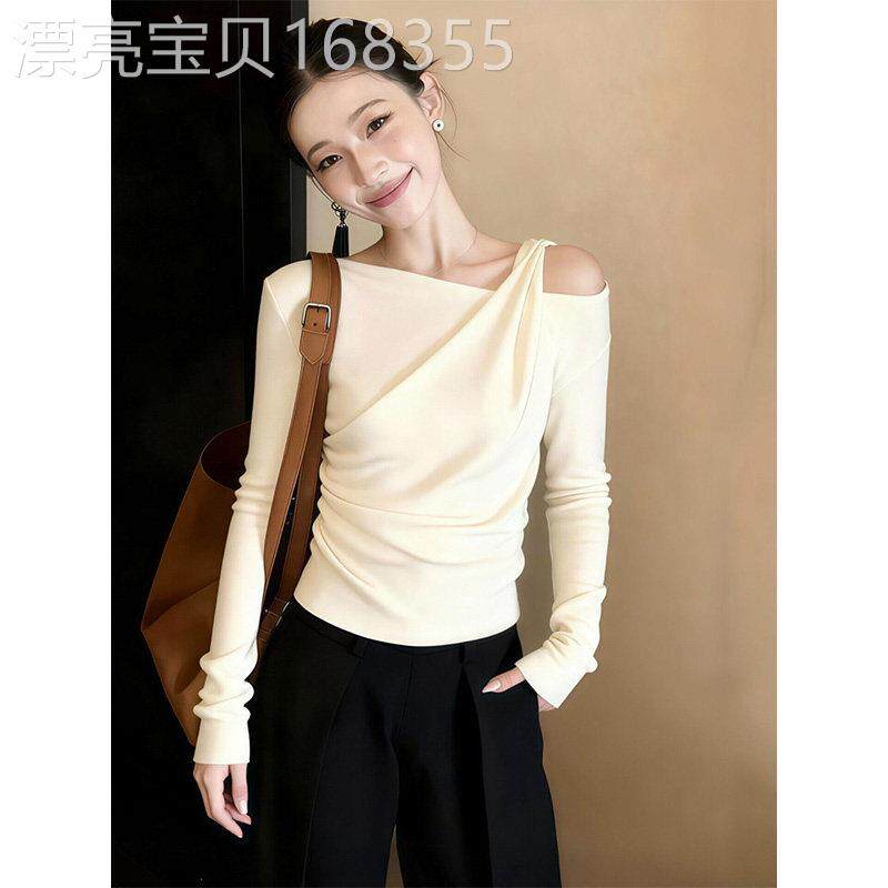 杏色不规则扭结长袖T恤女2026春季新款韩系设计感假两件斜肩上衣