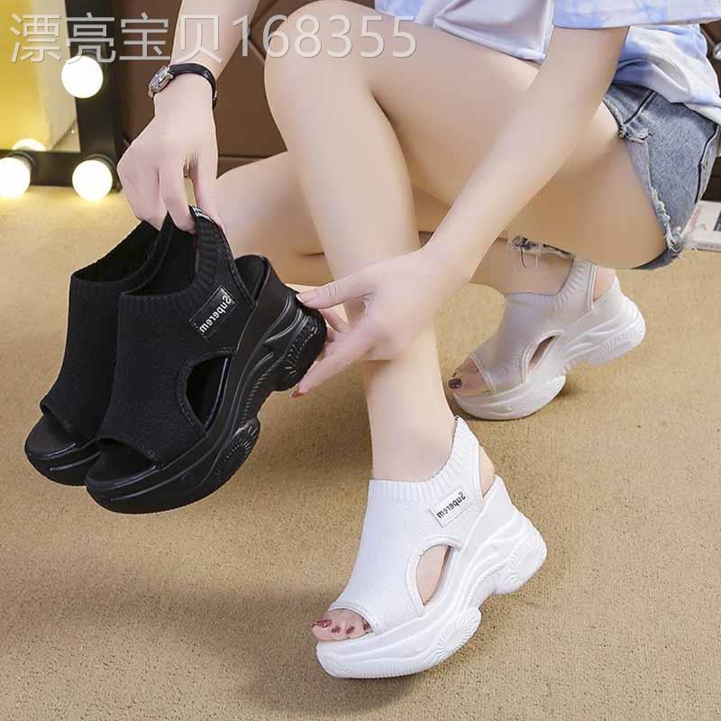 楔型凉鞋女内增高10cm夏季黑色外穿时尚小个子增高厚底鱼嘴罗马鞋