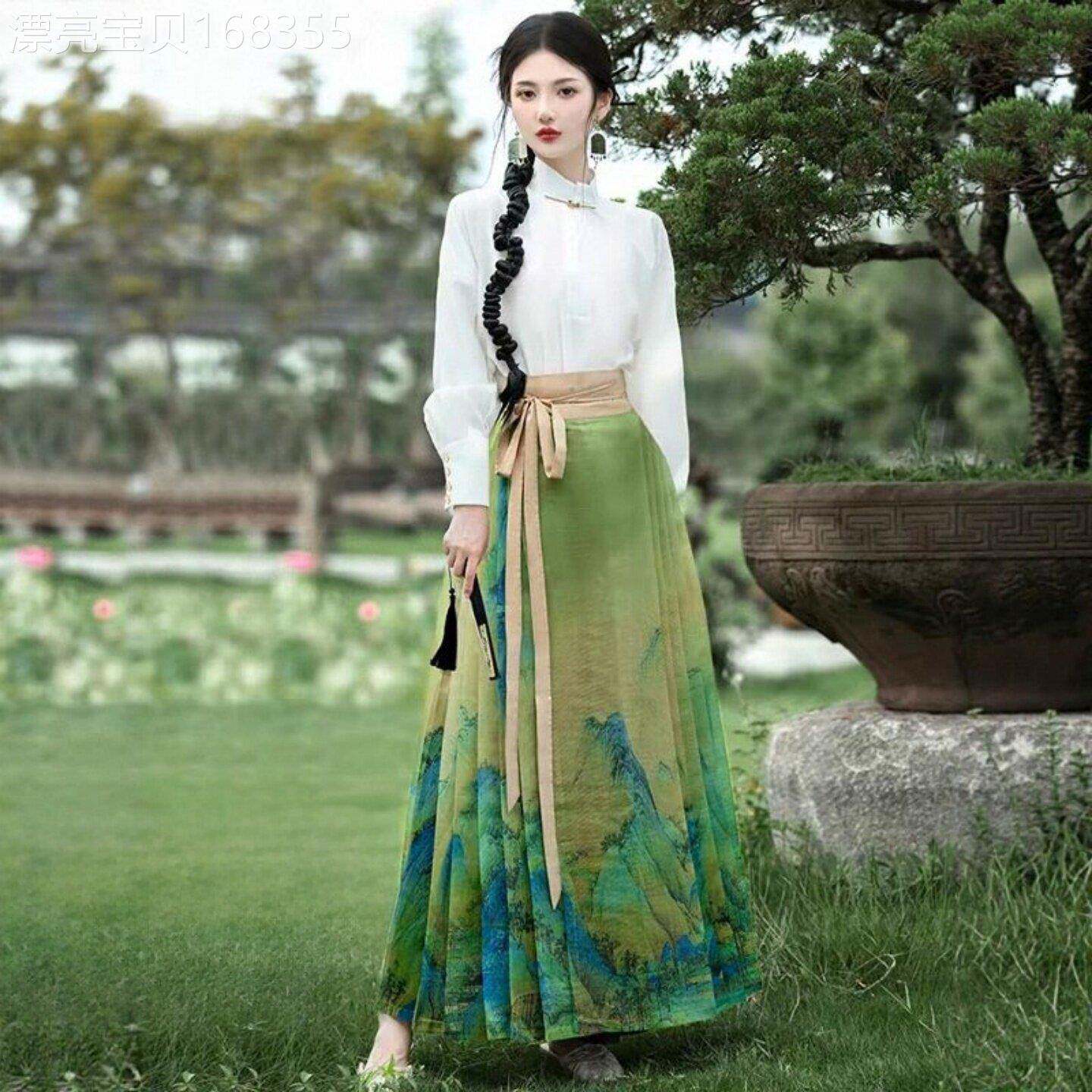 新中式马面裙套装女春季日常可穿汉服女成人上衣千里江山图半身裙