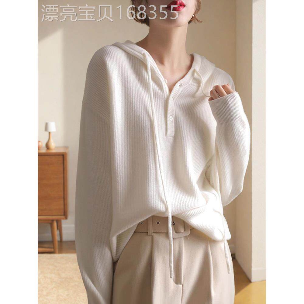 白色厚棉T女春秋2025新款韩版针织连帽衫宽松显瘦高级感长袖上衣