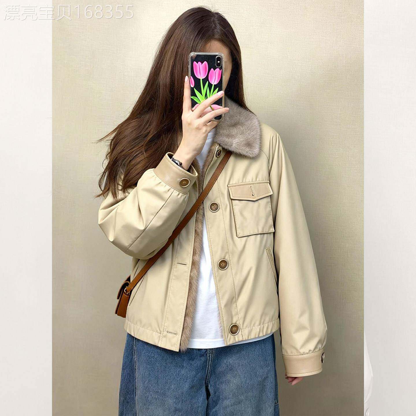 2025冬季新款卡其色派克服小香风短款仿水貂毛环保皮草毛毛外套女