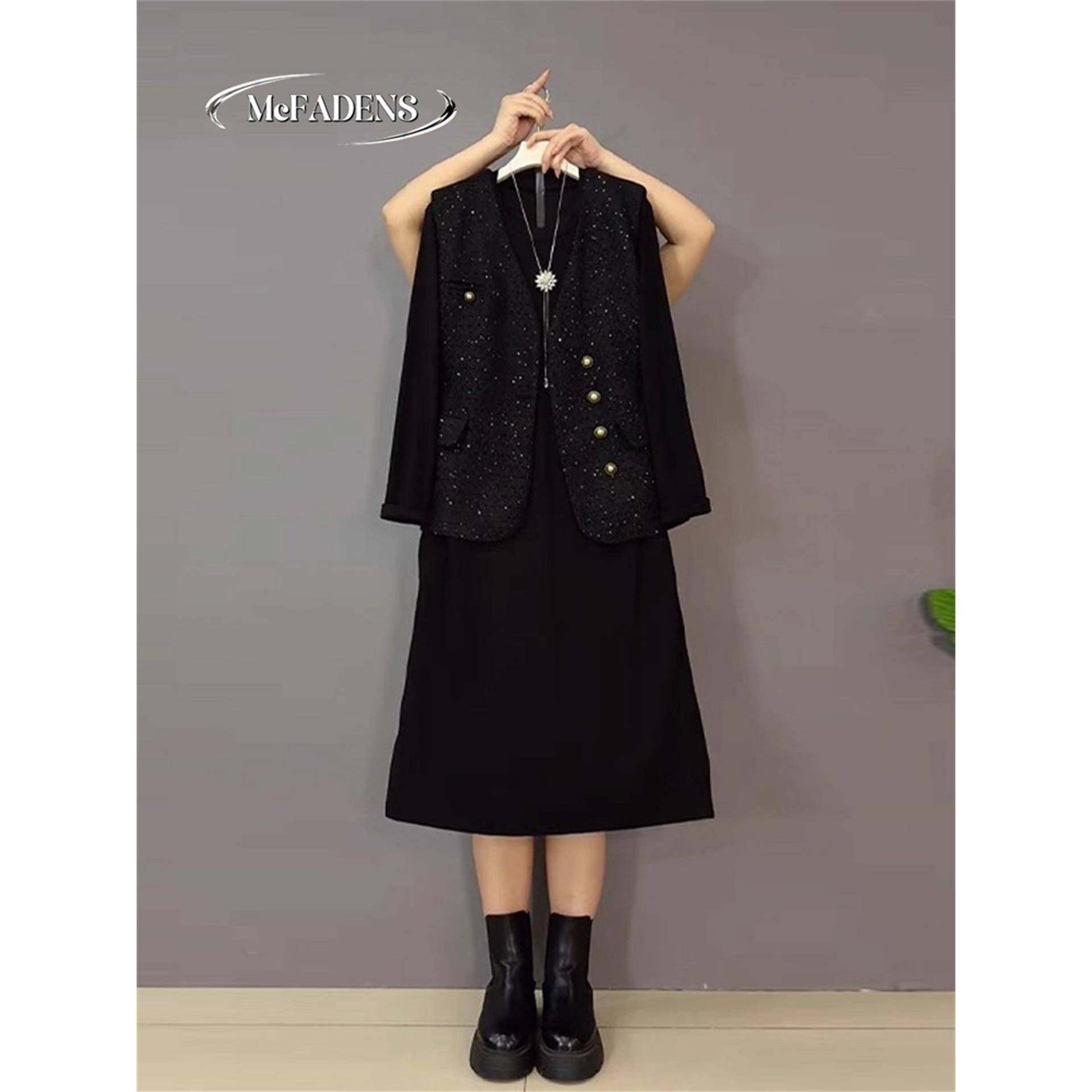 香港秋季款大码女装小香风马甲长款连衣裙胖妹妹气质通勤显瘦套装