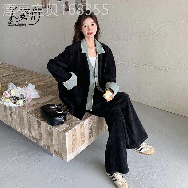 黑色初秋穿搭套装女2026新款复古高级感牛仔拼接外套阔腿裤两件套