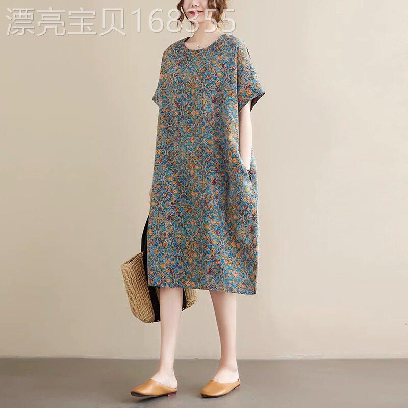 复古碎花亚麻a字长裙女夏季2026新款大码直筒显瘦短袖棉麻连衣裙