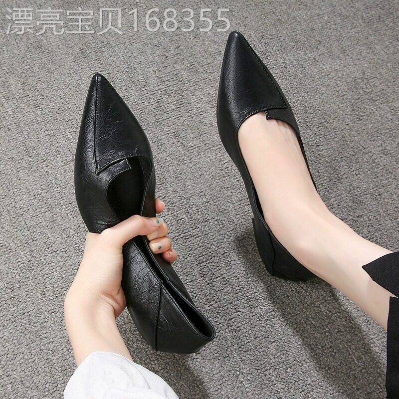 真皮尖头平底包鞋女2025春季新款百搭工装工作鞋黑色软底舒适女鞋