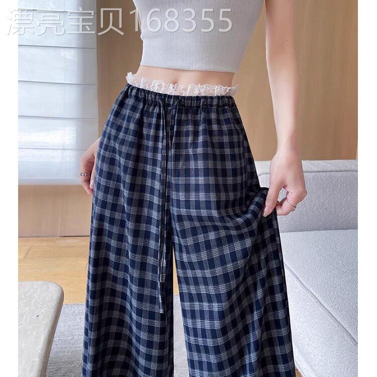 潮牌韩系蕾丝花边格子裤女夏季2025年新款高腰百搭阔腿宽松休闲裤