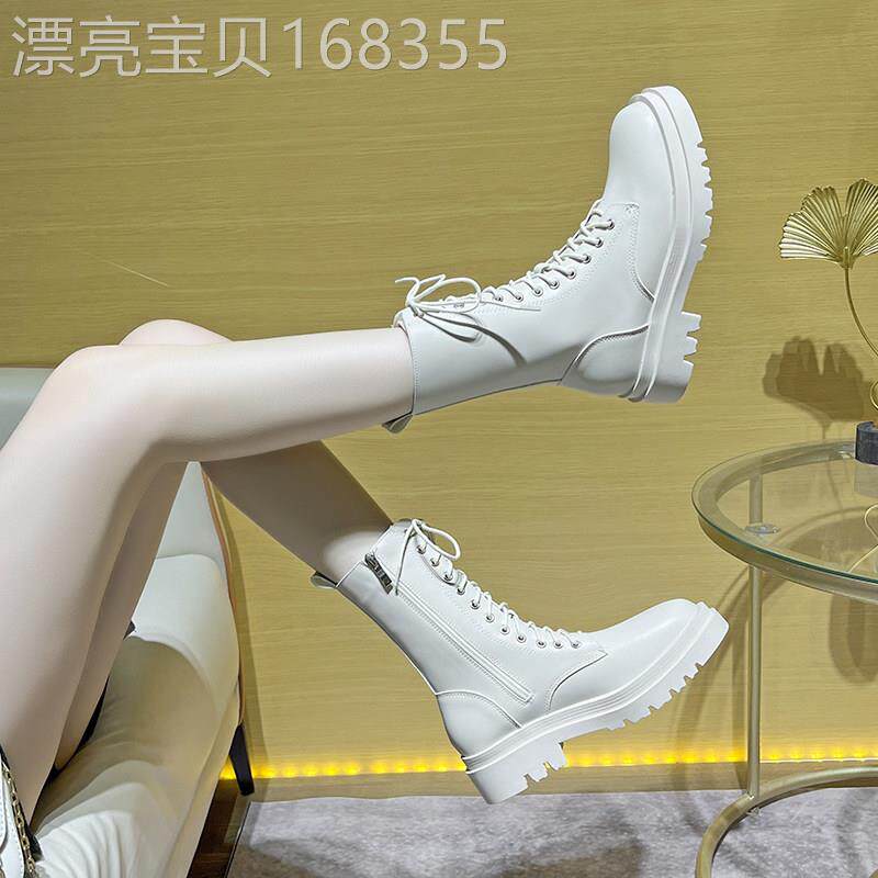 真皮英伦风马丁靴女春秋季2025新款白色侧拉链系带加绒厚底中筒靴
