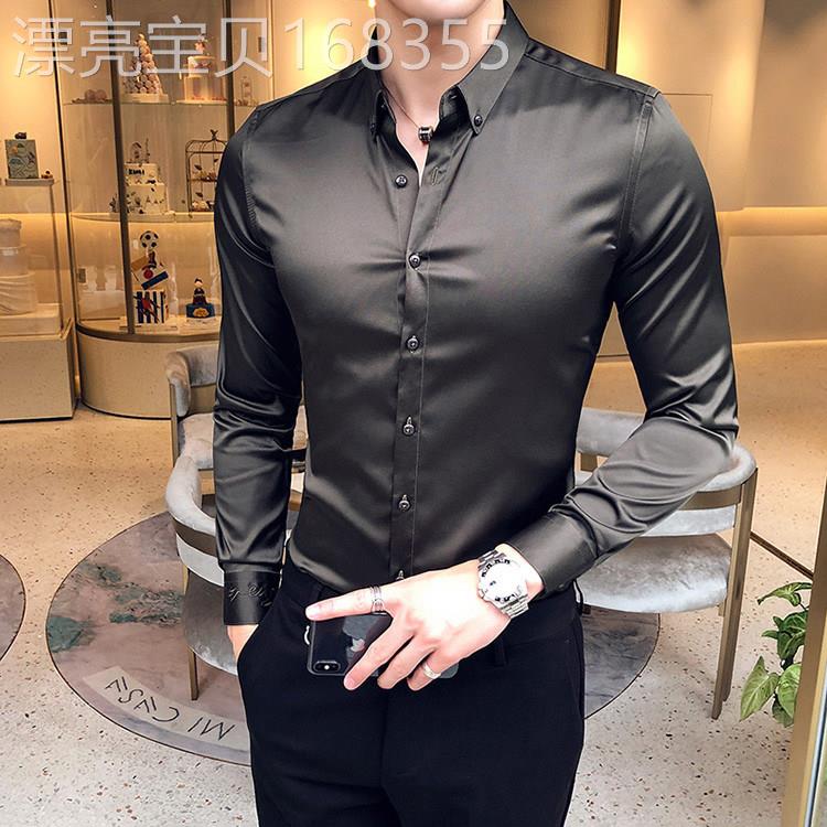 LL男装春夏款白衬衫男长袖韩版潮流帅气修身冰丝商务正装休闲衬衣