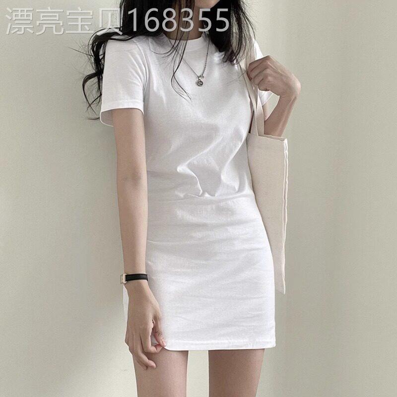 潮牌圆领短袖t恤连衣裙女2026夏季新款修身显瘦中长款百搭打底裙