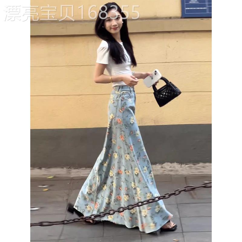 蓝色复古碎花半身长裙女春夏欧货高腰显瘦A字裙田园文艺百搭裙子