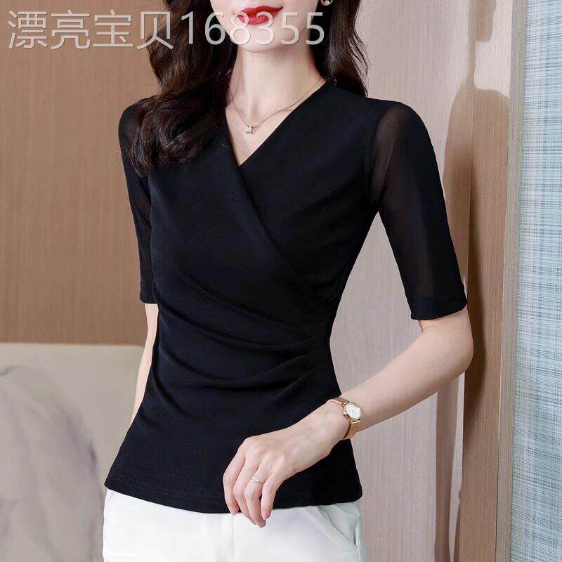 上衣女中袖网纱T恤女夏2026新款V领收腰遮肚子洋气小衫五分袖沙衣