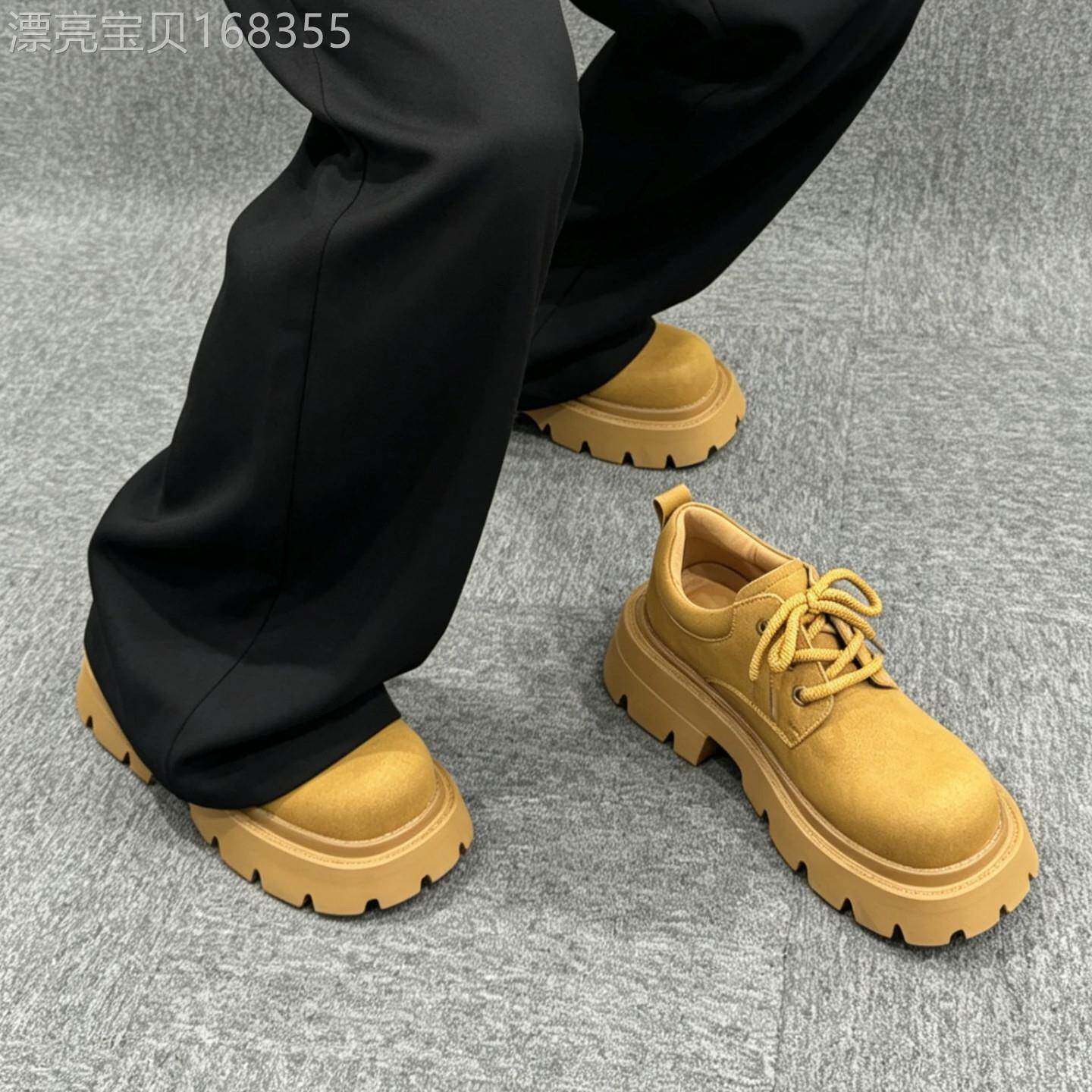 【高品质】复古黄色厚底增高鞋男大头工装德比鞋真皮休闲松糕皮鞋