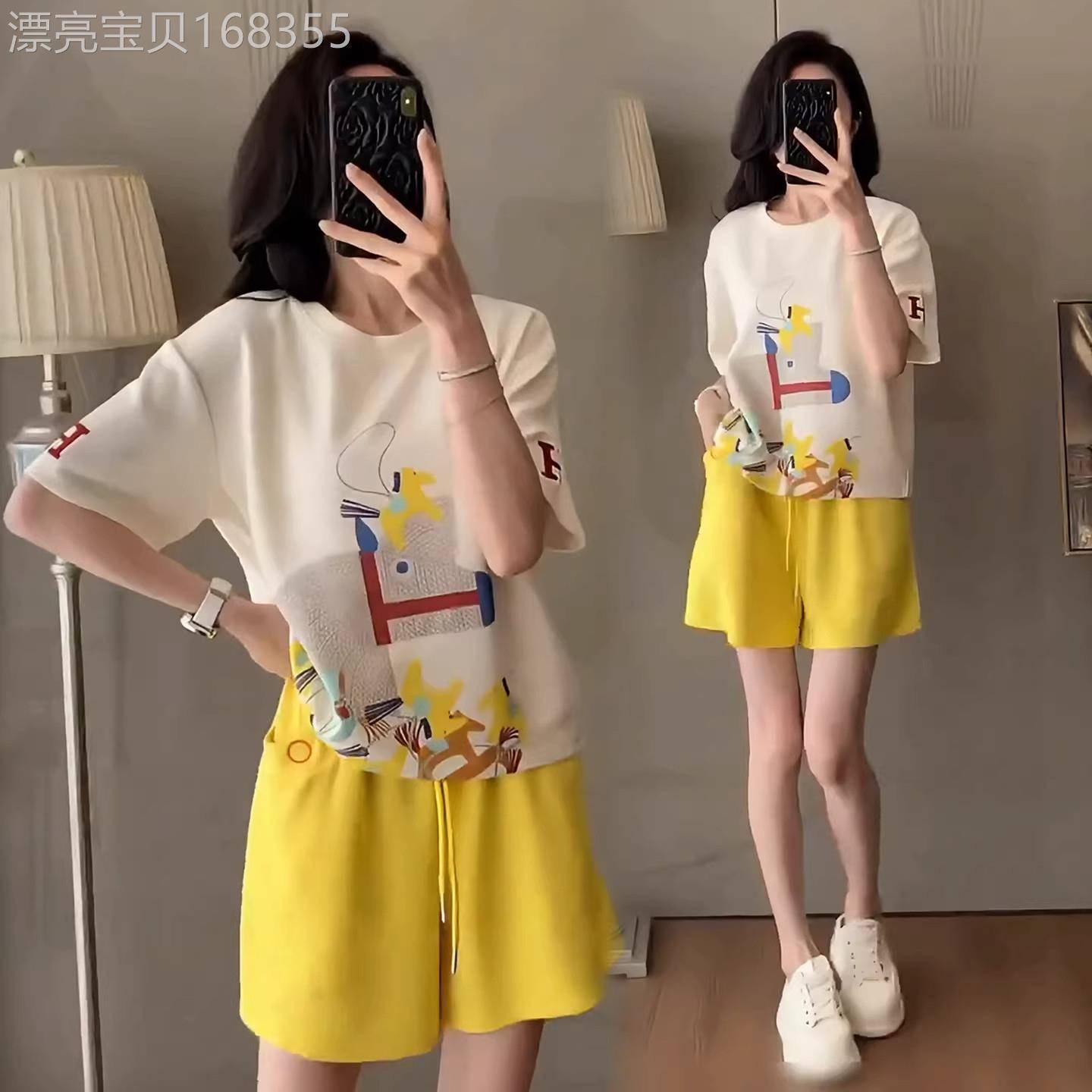 香港代购减龄显瘦休闲套装女夏季新款卡通短袖T恤黄色短裤两件套