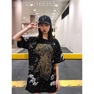 夏季时尚品牌短袖t恤星空虎头欧洲货大版宽松中长下装缺半袖上衣