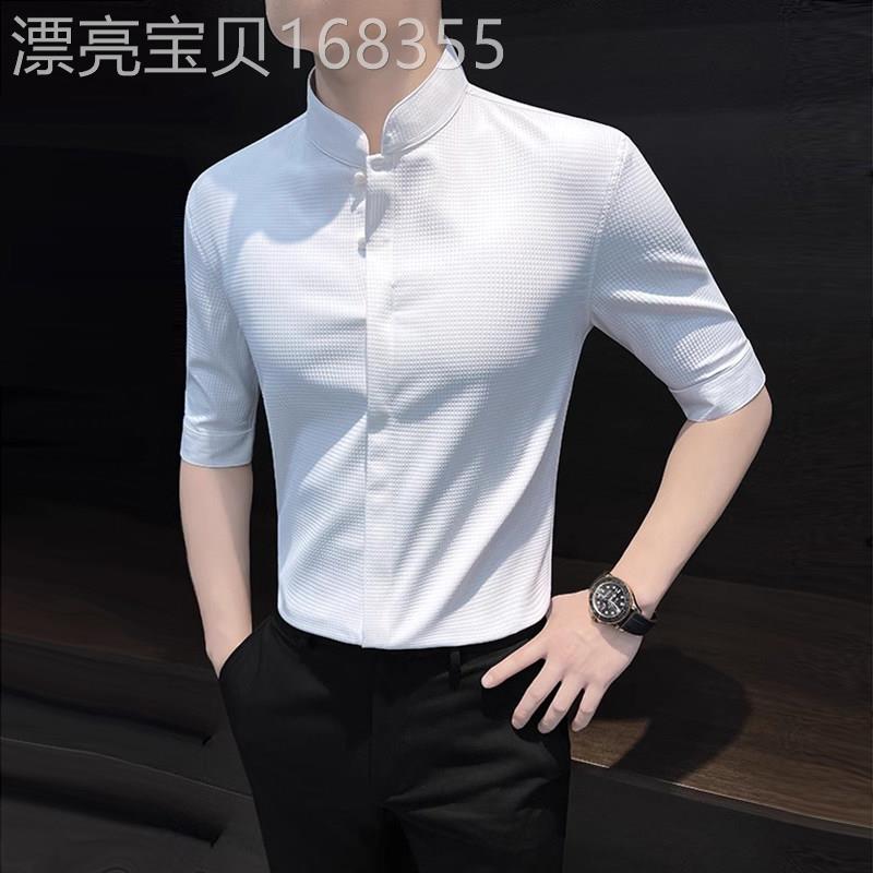 新中式短袖衬衫男士夏季中山领痞帅半截袖衬衫国风商务休闲 寸衣