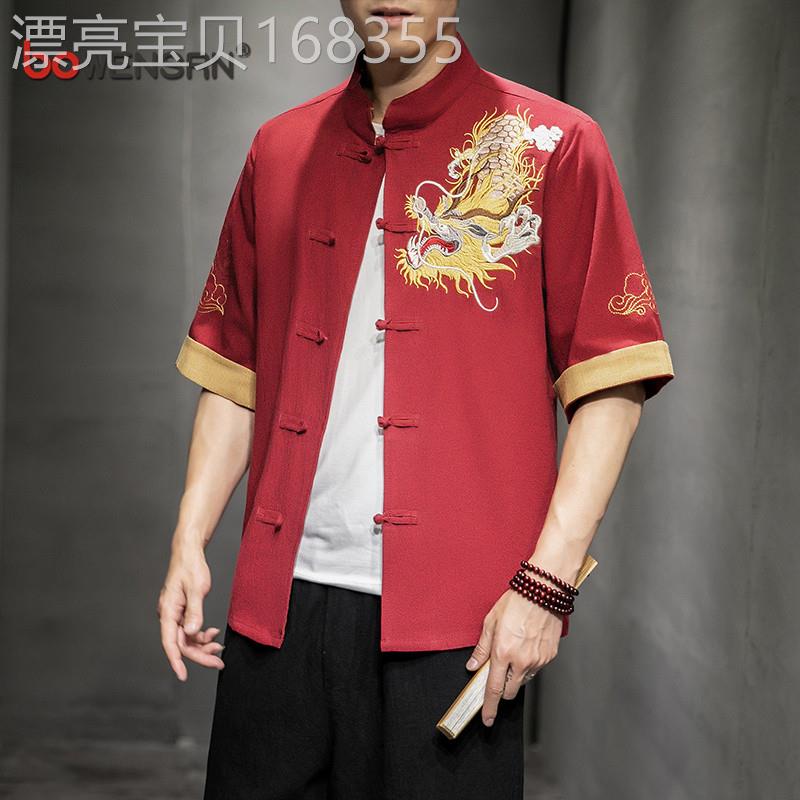 中国风刺绣衬衫男士短袖2026新款夏季盘扣中袖唐装汉服衬衫服男款图片
