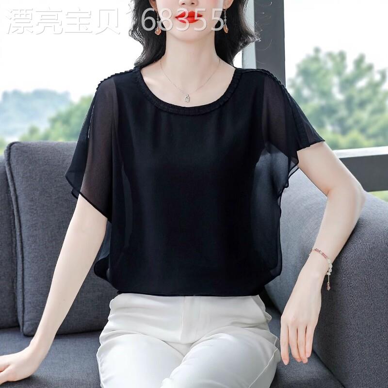 黑色短袖雪纺衫女夏季2026新款设计感小众时尚减龄蝙蝠袖气质上衣