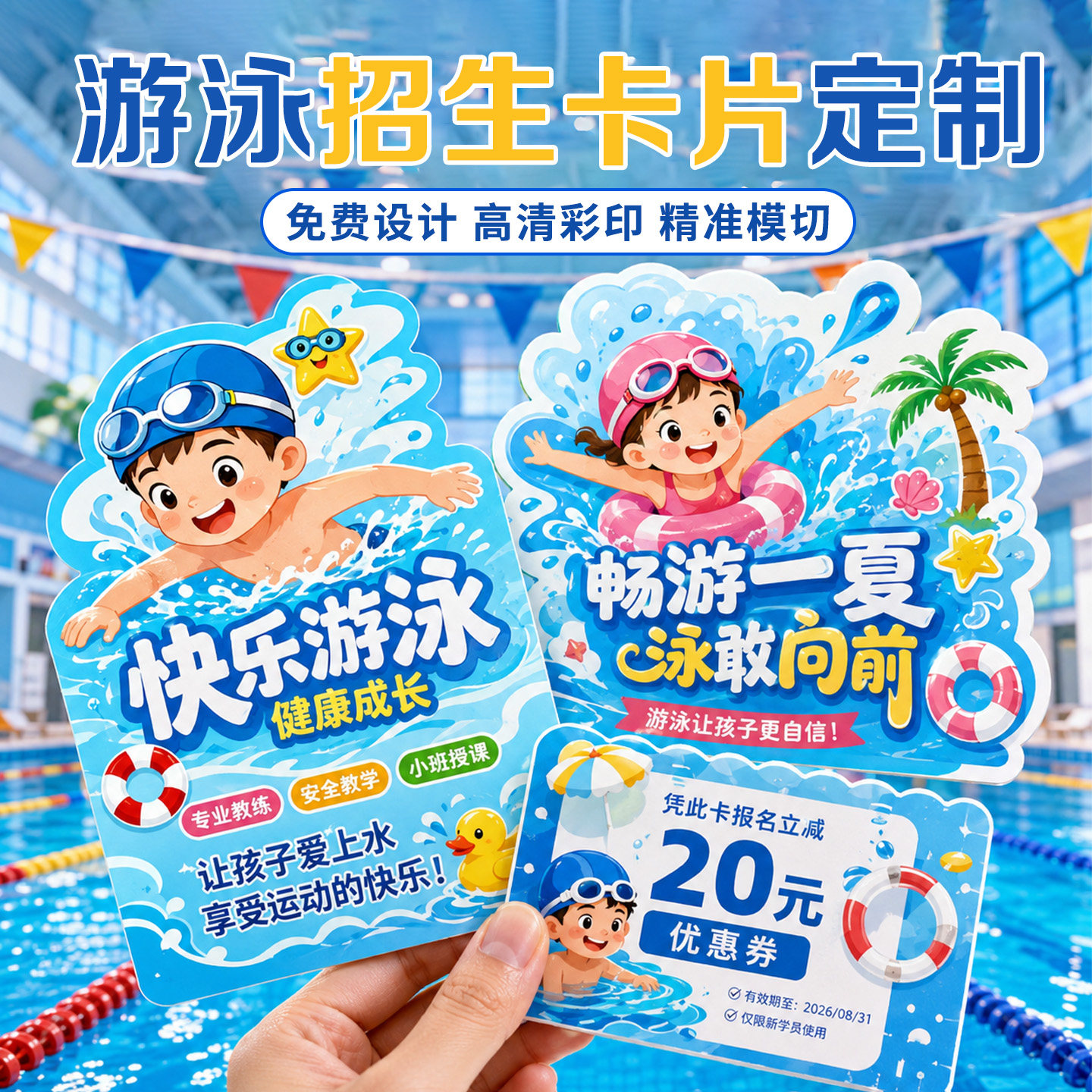 游泳招生卡片定制暑期兴趣班培训课时宣传单儿童泳池托管班代金券设计学员次数卡定做俱乐部招生广告宣传名片