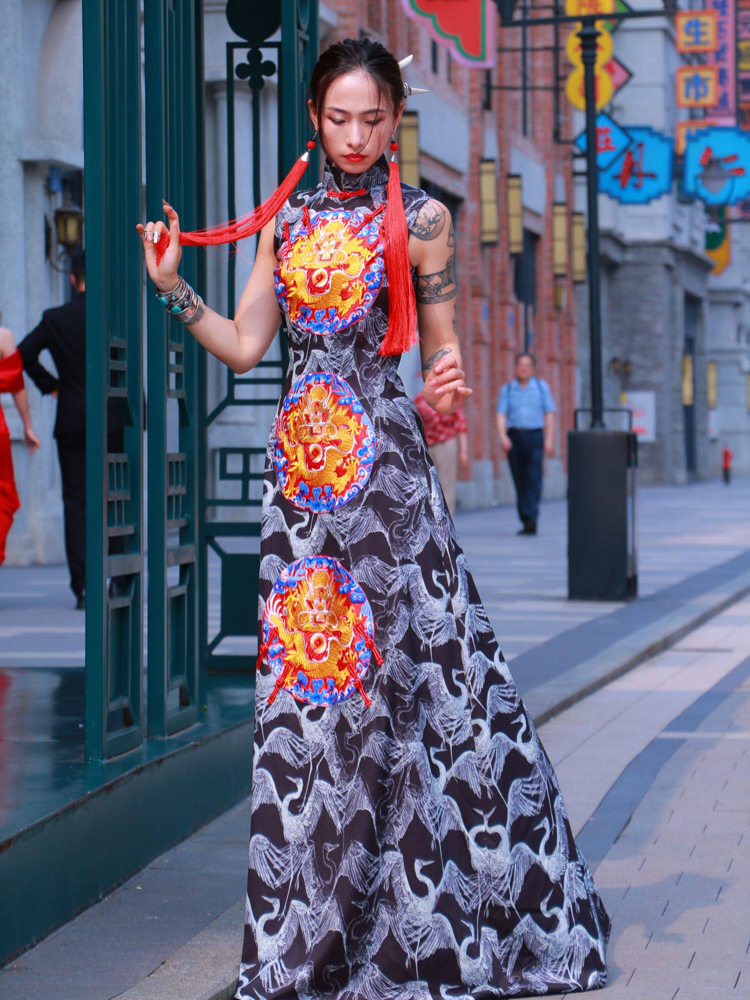 锦秀儿原创仙鹤雪纺龙刺绣盘扣修身立领民族风连衣裙定制改良旗袍