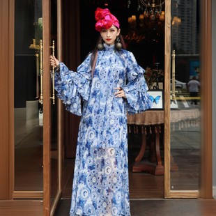 锦秀儿原创青花瓷雪纺纱高领三层蛋糕袖 长裙宽松大摆连衣裙 新中式