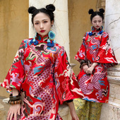 锦秀儿原创红色大龙仿云锦新中式 国潮复古喇叭袖 旗袍民族风连衣裙